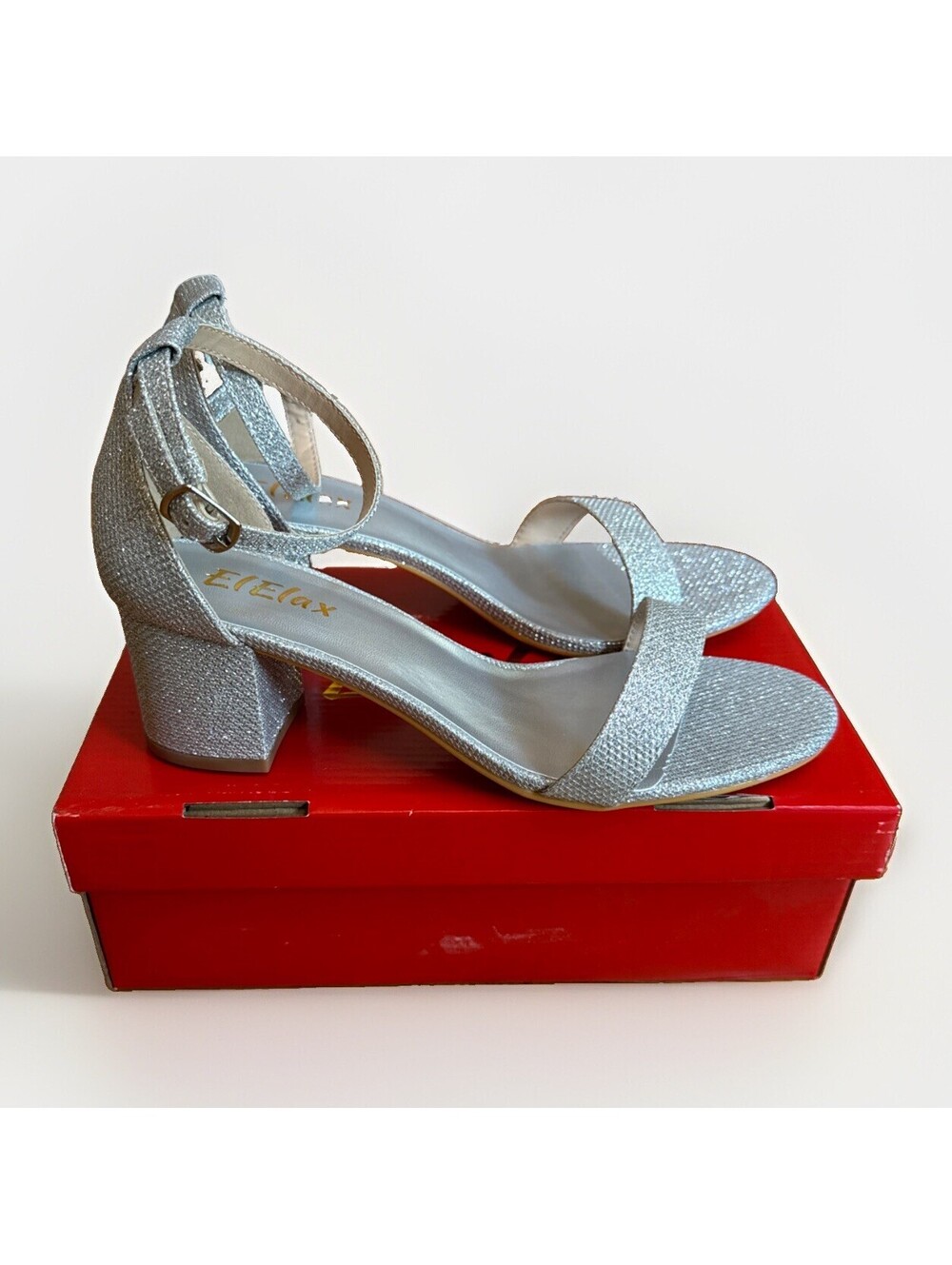 NIB El Elax Stylish Silver Glitter Chunky Block Heel Ankle Strap Size 7B